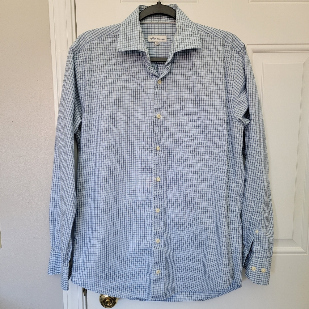 Peter Millar Blue Checked Mens Button Down Shirt Preppy Business Casual Medium